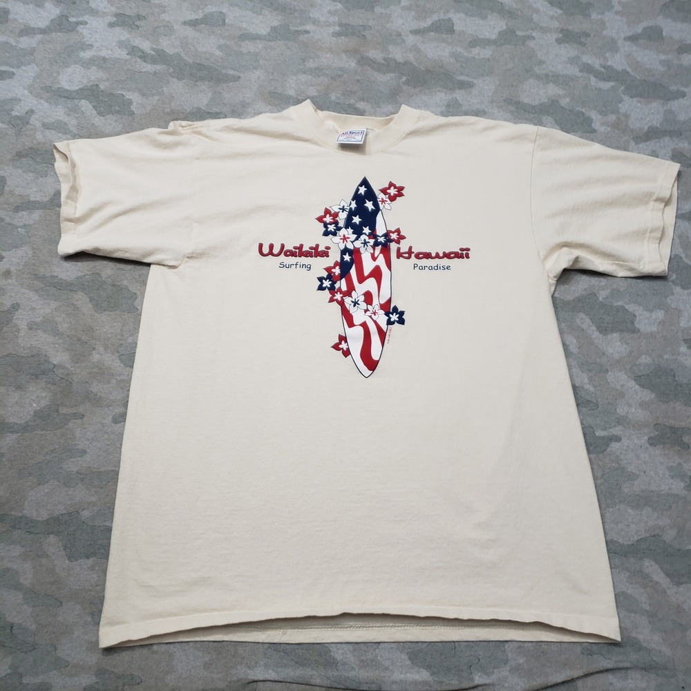 Vintage All Sport Waikiki Hawaii Shirt Mens Large Beige Surf Short Sleeve